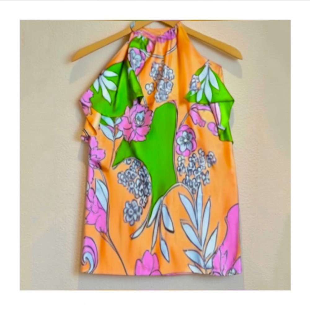 LaRoque  Bright Floral Peach and Green Halter Top Size 4-6 Tropical